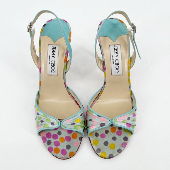 Vintage Y2K Jimmy Choo Multicolor Polka Dot Satin Slingback Peep Toe Heels IT 37 - Picture 5 of 10